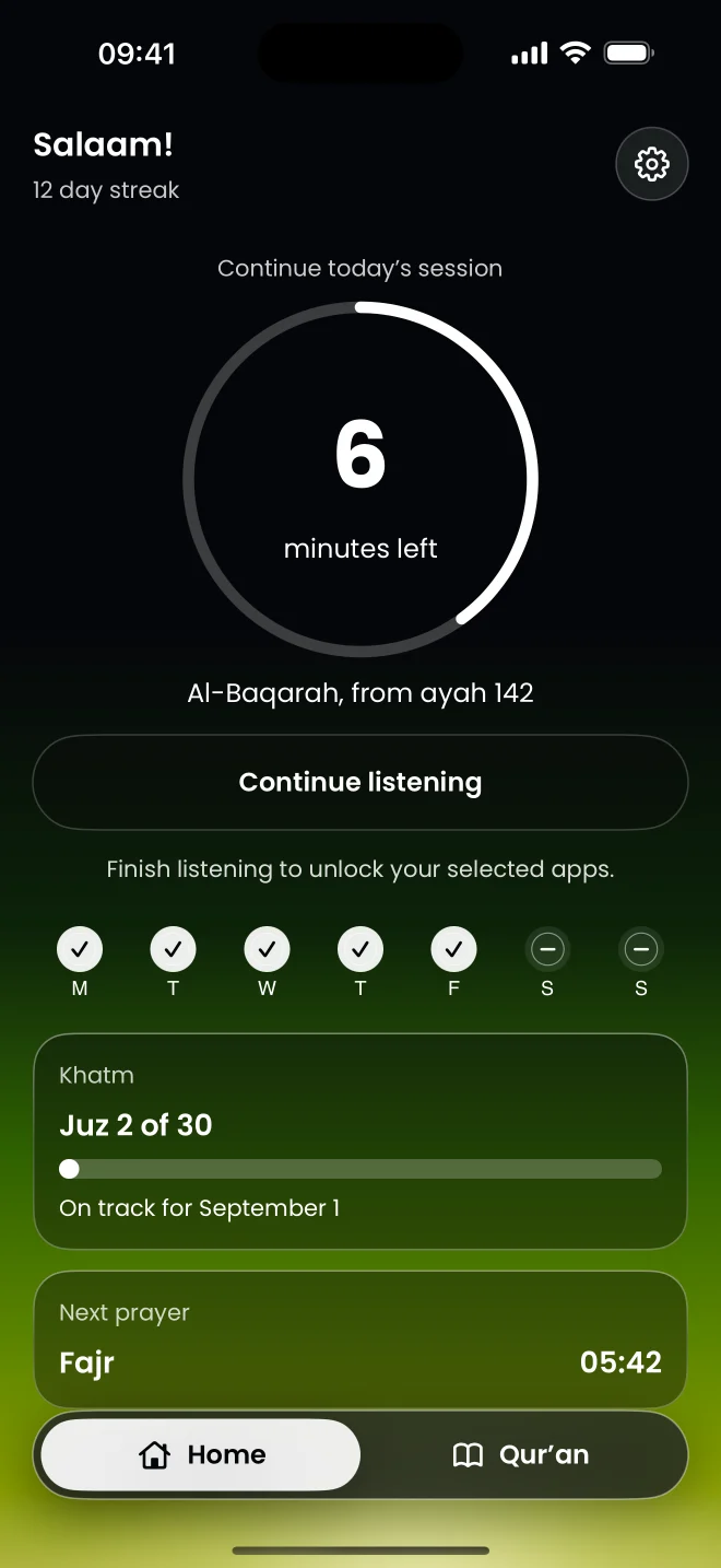 Murattal home screen: six minutes left in today’s session, a 12-day streak and juz 2 of 30