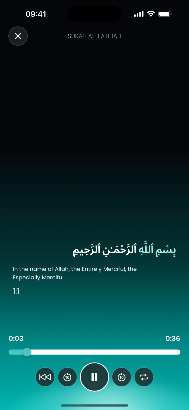 Player showing Surah Al-Fatihah in Arabic with the English translation